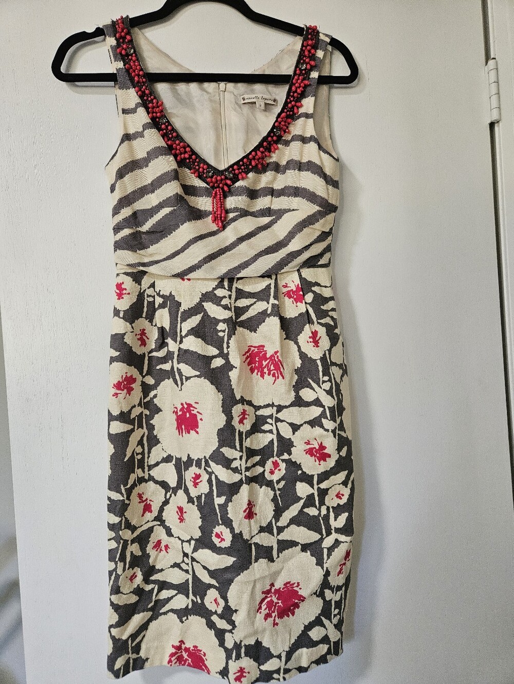 Nanette Lepore Beaded Silk Linen Floral Striped Shift Dress Size 2